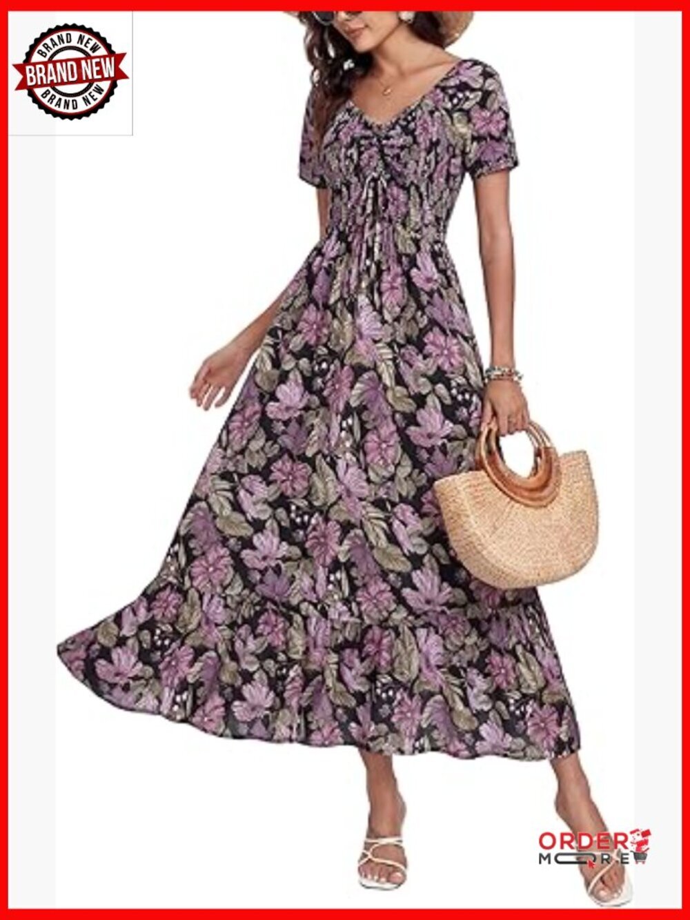 Boho Maxi Dress Floral Smocked Tiered Ruffled Short Sleeve Summer